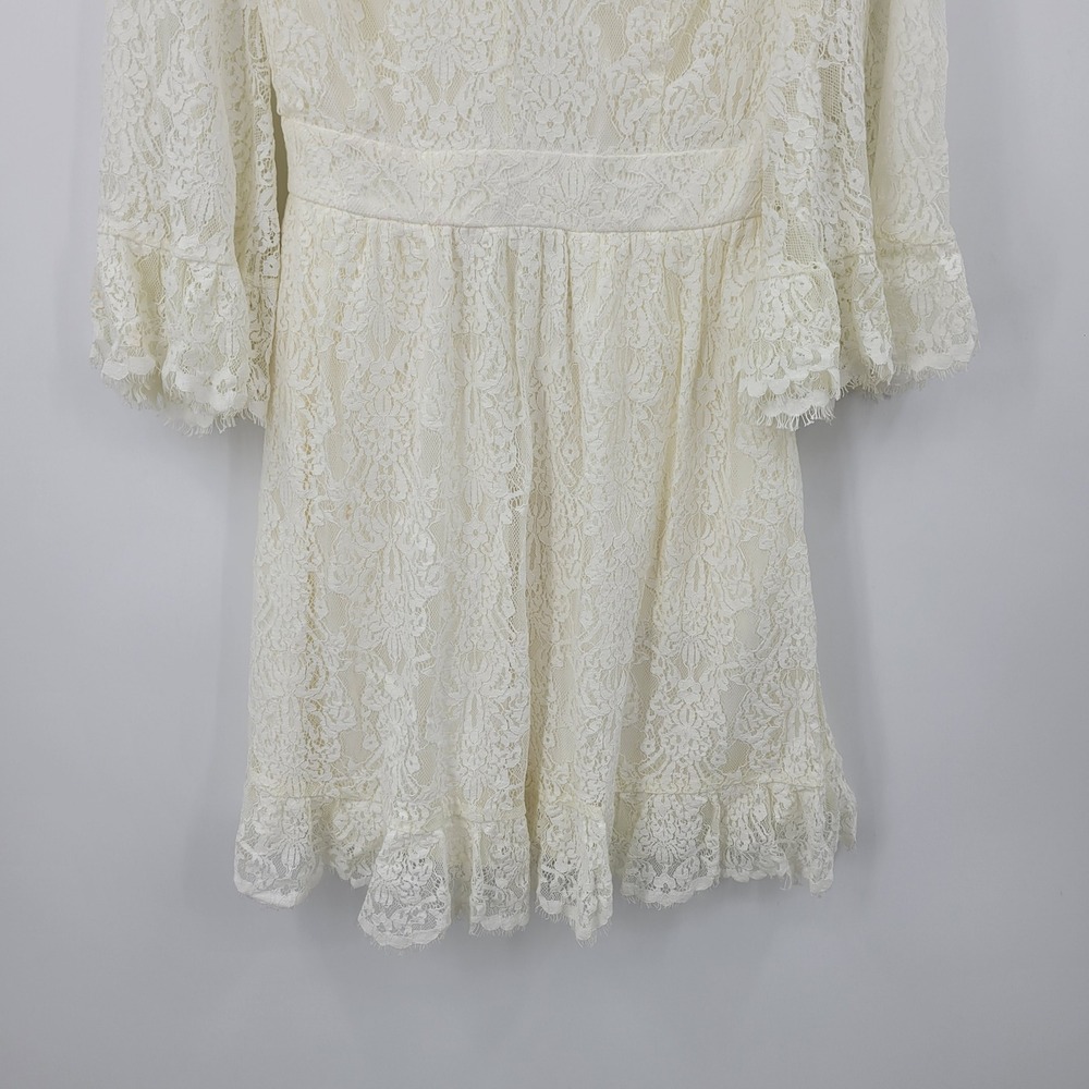 ModCloth Boho Bridal Ivory Floral Lace Mini Dress Bell Sleeves V-Neck Cream Sz S - Picture 6 of 10